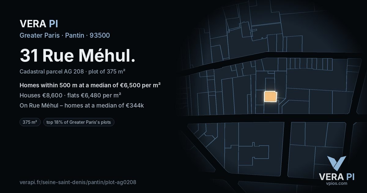 31 Rue Méhul, Pantin at night – the plot lit, the parcels around coloured by the prices near them