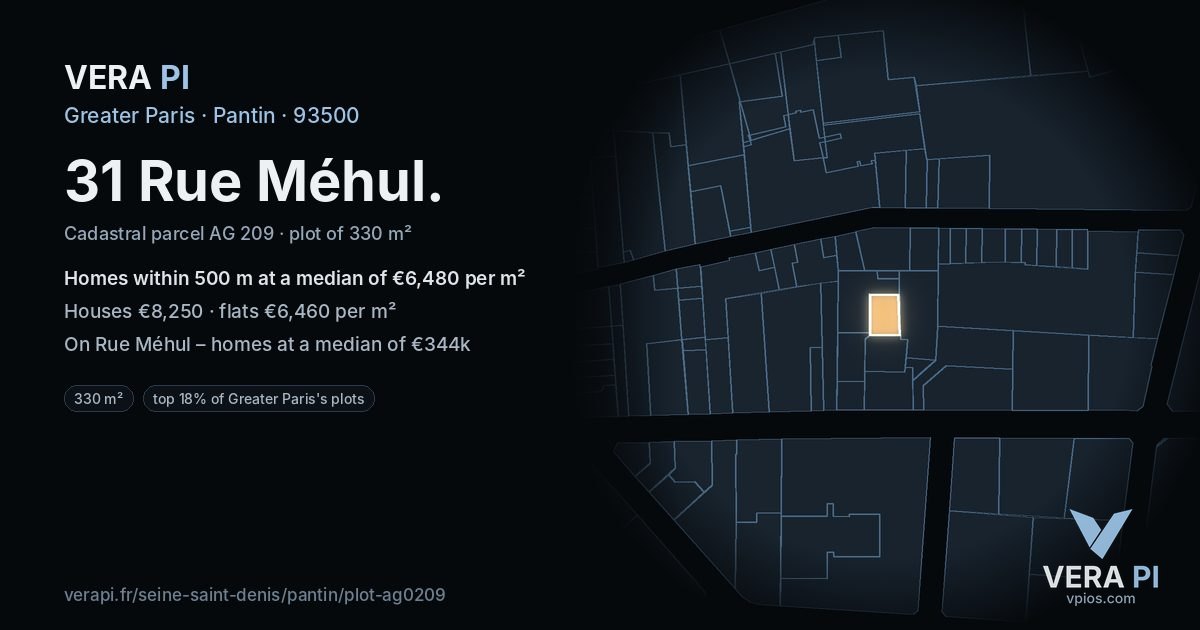 31 Rue Méhul, Pantin at night – the plot lit, the parcels around coloured by the prices near them