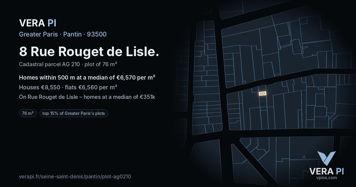 8 Rue Rouget de Lisle, Pantin at night – the plot lit, the parcels around coloured by the prices near them