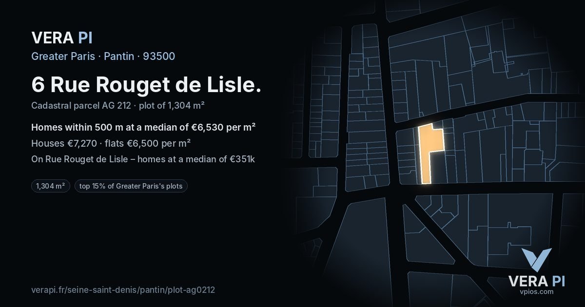 6 Rue Rouget de Lisle, Pantin at night – the plot lit, the parcels around coloured by the prices near them