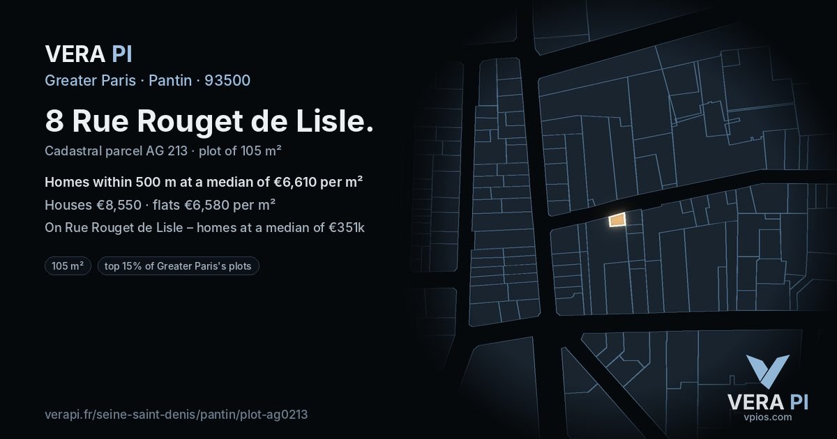8 Rue Rouget de Lisle, Pantin at night – the plot lit, the parcels around coloured by the prices near them