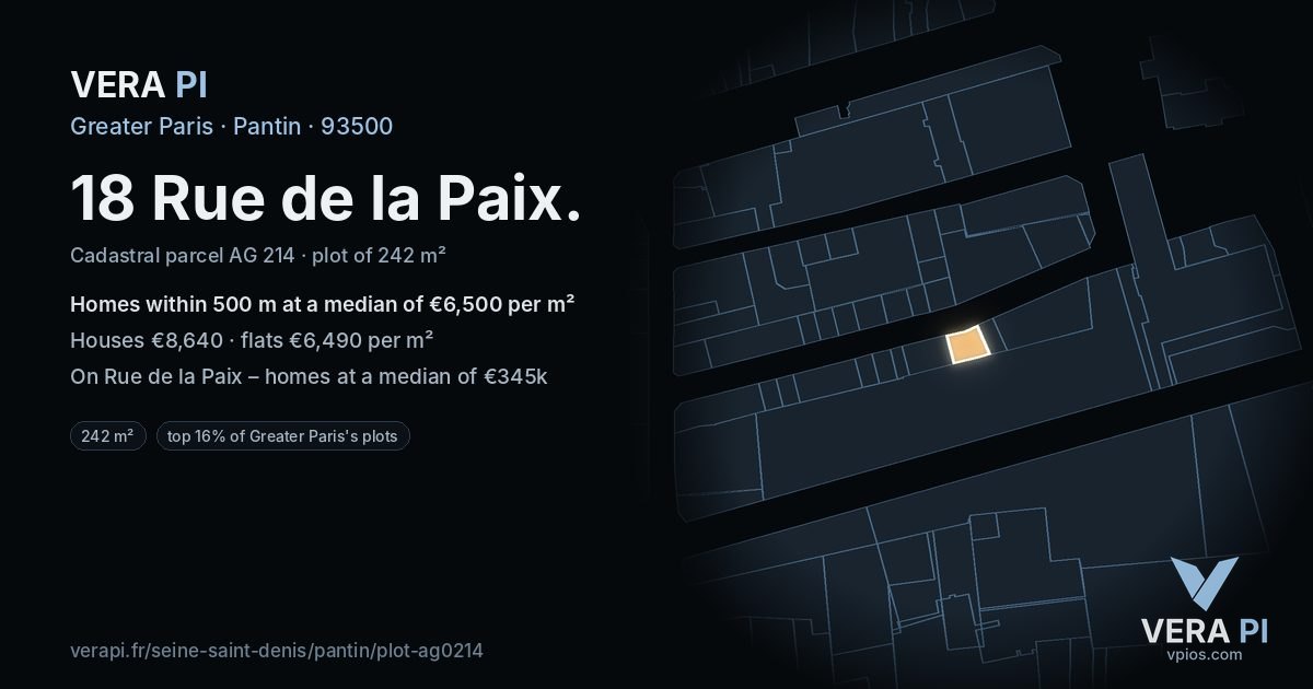 18 Rue de la Paix, Pantin at night – the plot lit, the parcels around coloured by the prices near them