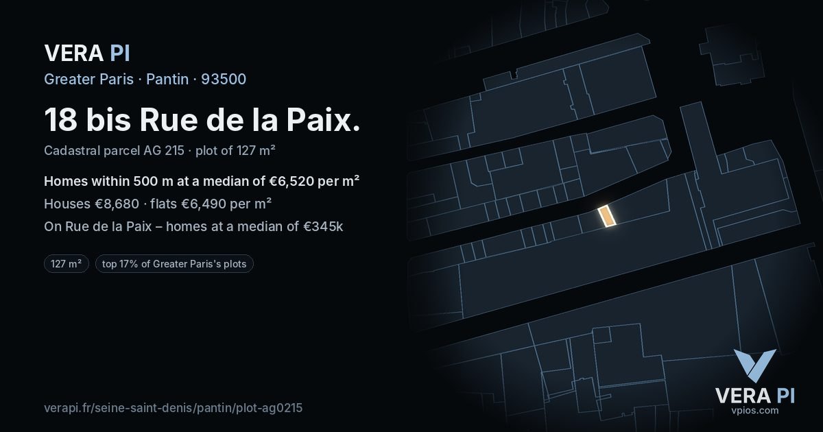18 bis Rue de la Paix, Pantin at night – the plot lit, the parcels around coloured by the prices near them