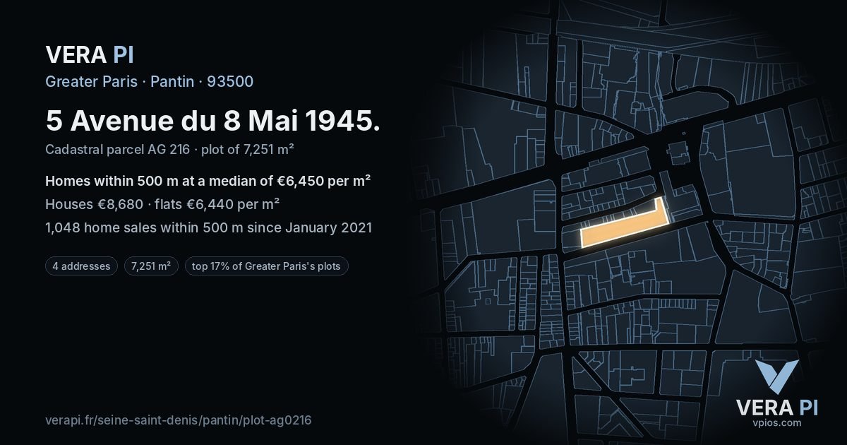 5 Avenue du 8 Mai 1945, Pantin at night – the plot lit, the parcels around coloured by the prices near them