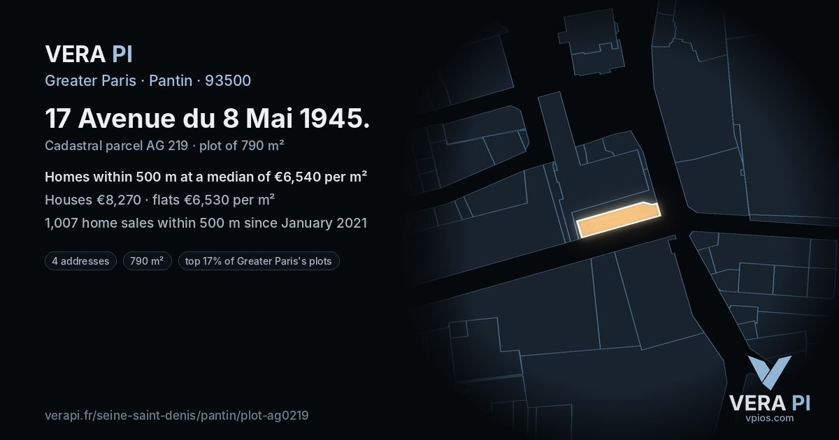 17 Avenue du 8 Mai 1945, Pantin at night – the plot lit, the parcels around coloured by the prices near them