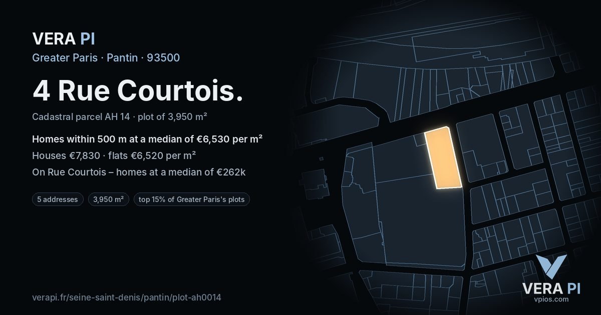 4 Rue Courtois, Pantin at night – the plot lit, the parcels around coloured by the prices near them