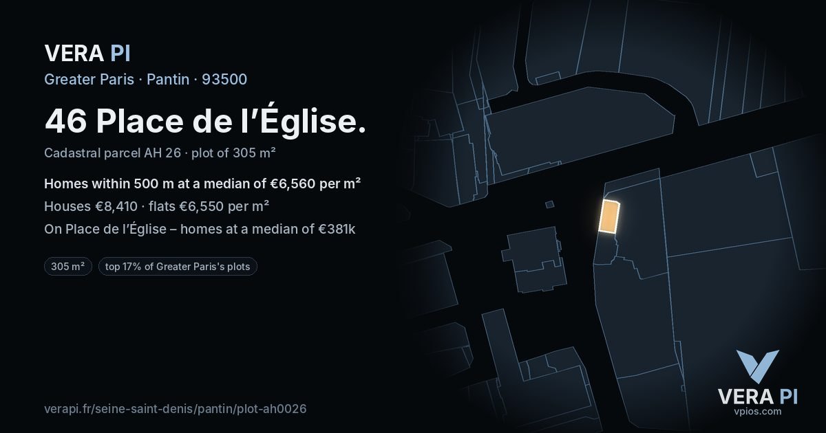 46 Place de l’Église, Pantin at night – the plot lit, the parcels around coloured by the prices near them