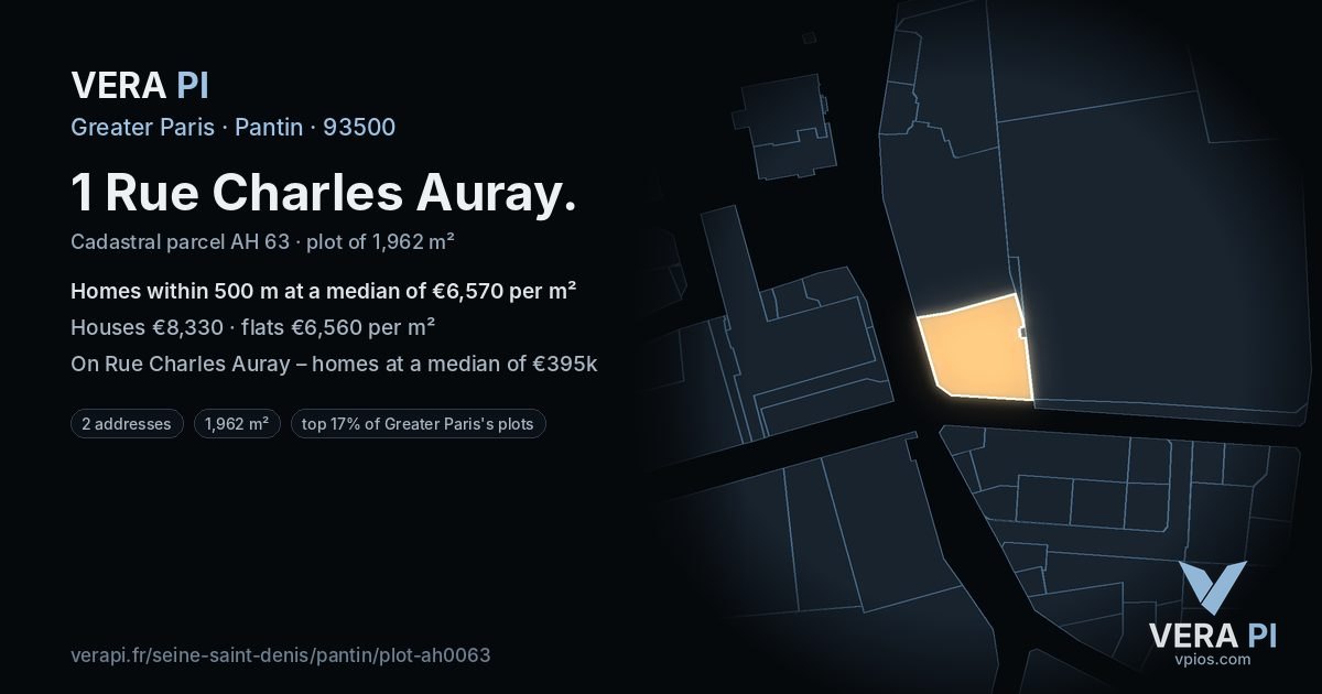 1 Rue Charles Auray, Pantin at night – the plot lit, the parcels around coloured by the prices near them