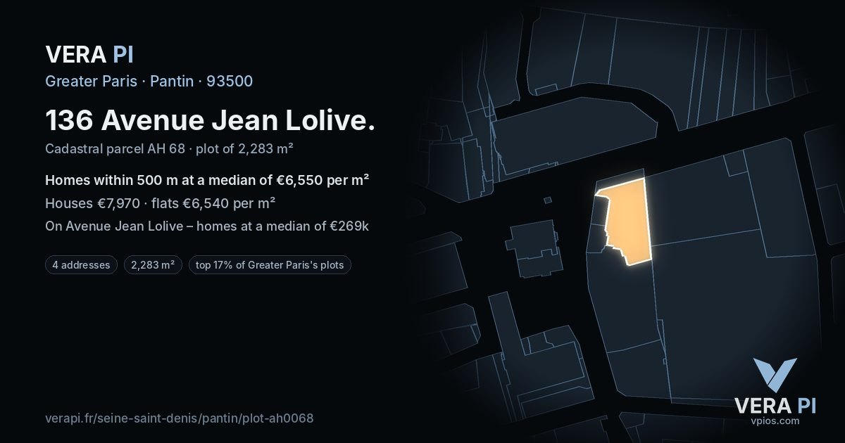 136 Avenue Jean Lolive, Pantin at night – the plot lit, the parcels around coloured by the prices near them