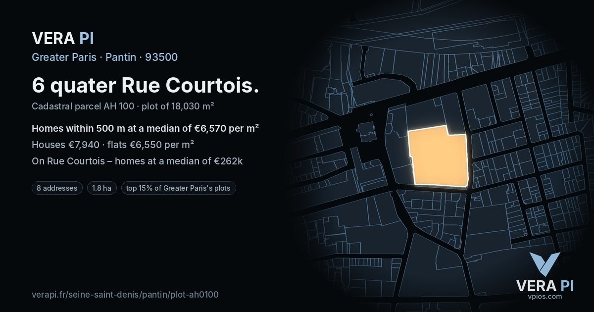 6 quater Rue Courtois, Pantin at night – the plot lit, the parcels around coloured by the prices near them