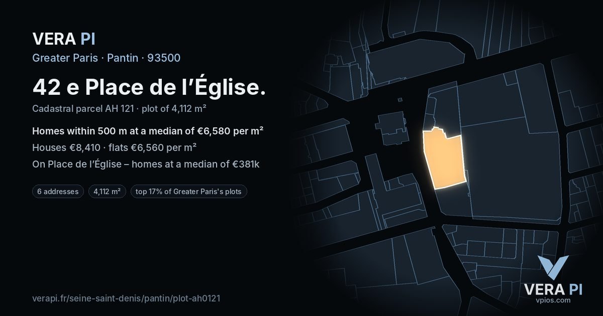 42 e Place de l’Église, Pantin at night – the plot lit, the parcels around coloured by the prices near them