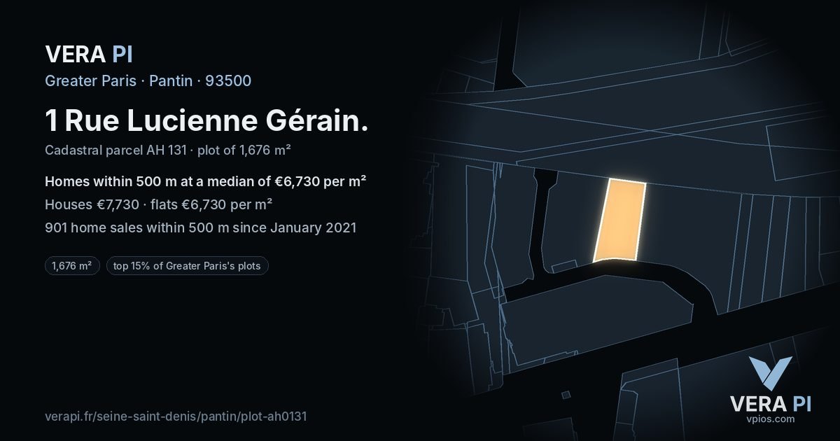1 Rue Lucienne Gérain, Pantin at night – the plot lit, the parcels around coloured by the prices near them