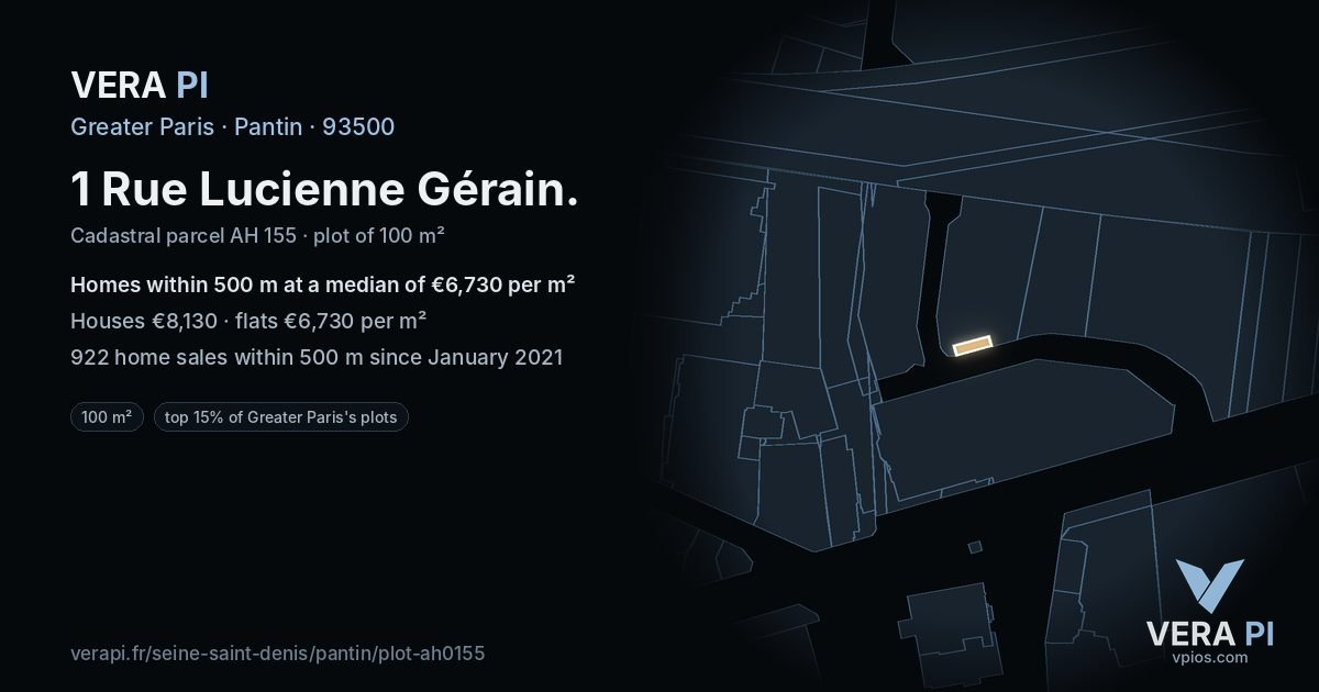 1 Rue Lucienne Gérain, Pantin at night – the plot lit, the parcels around coloured by the prices near them