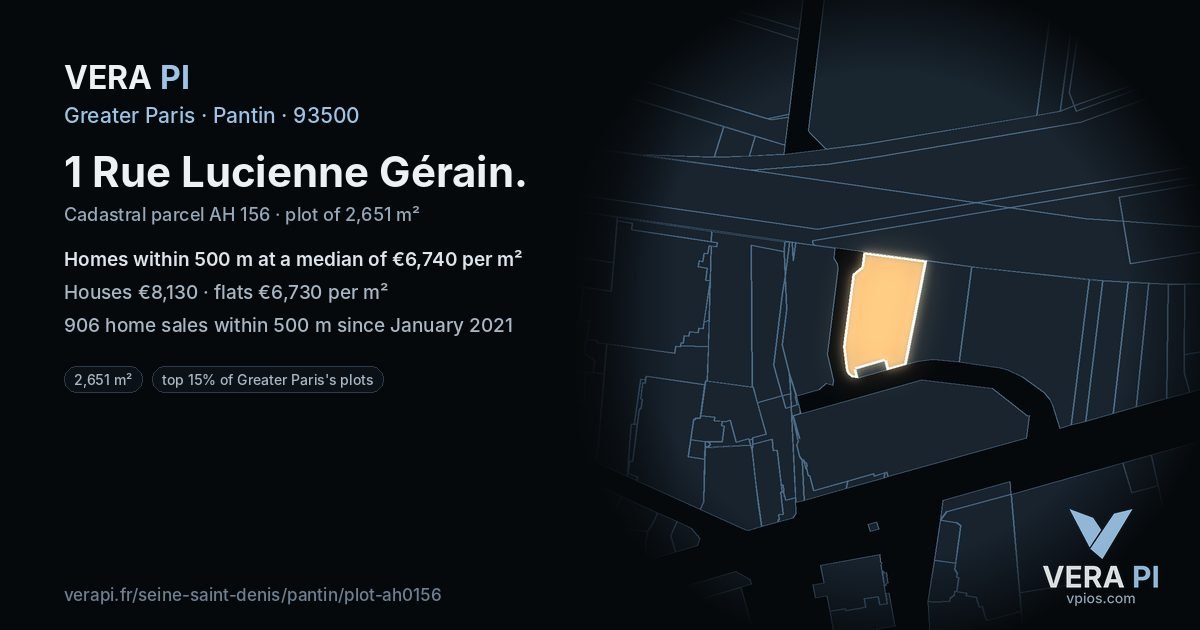 1 Rue Lucienne Gérain, Pantin at night – the plot lit, the parcels around coloured by the prices near them