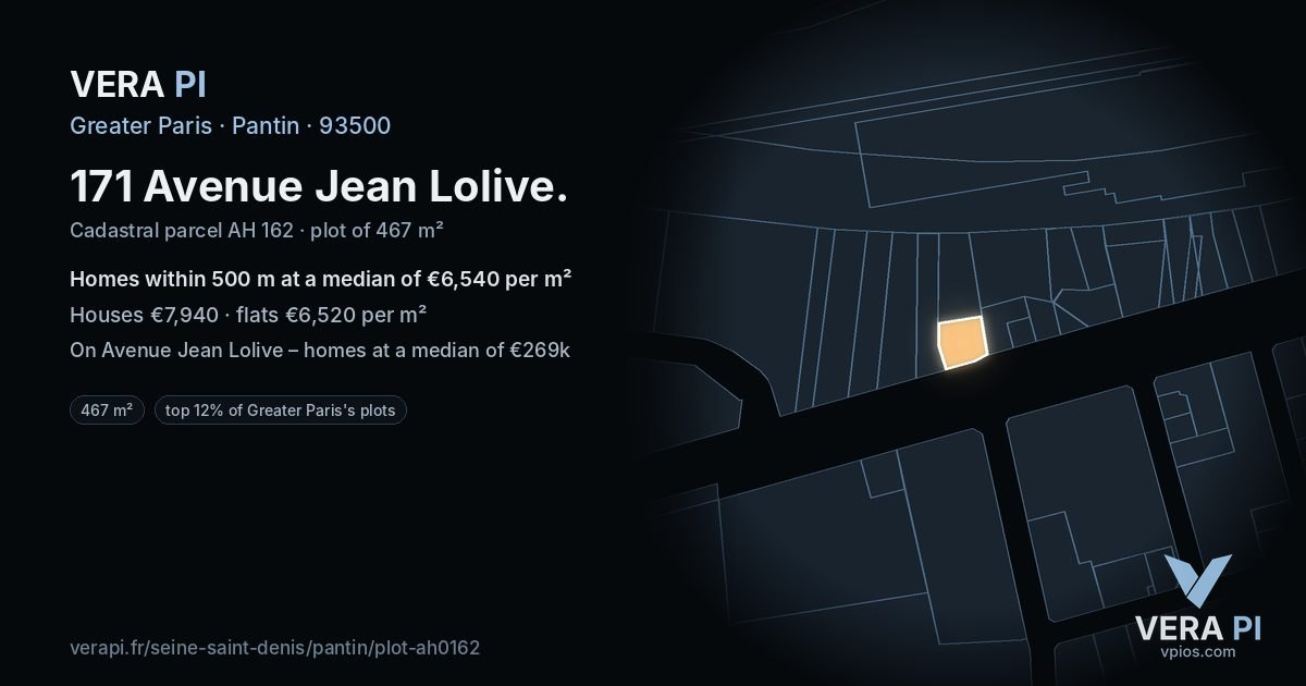 171 Avenue Jean Lolive, Pantin at night – the plot lit, the parcels around coloured by the prices near them
