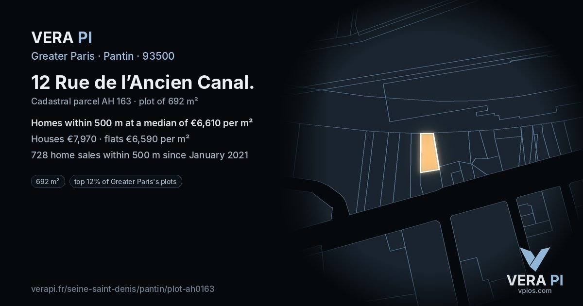 12 Rue de l’Ancien Canal, Pantin at night – the plot lit, the parcels around coloured by the prices near them