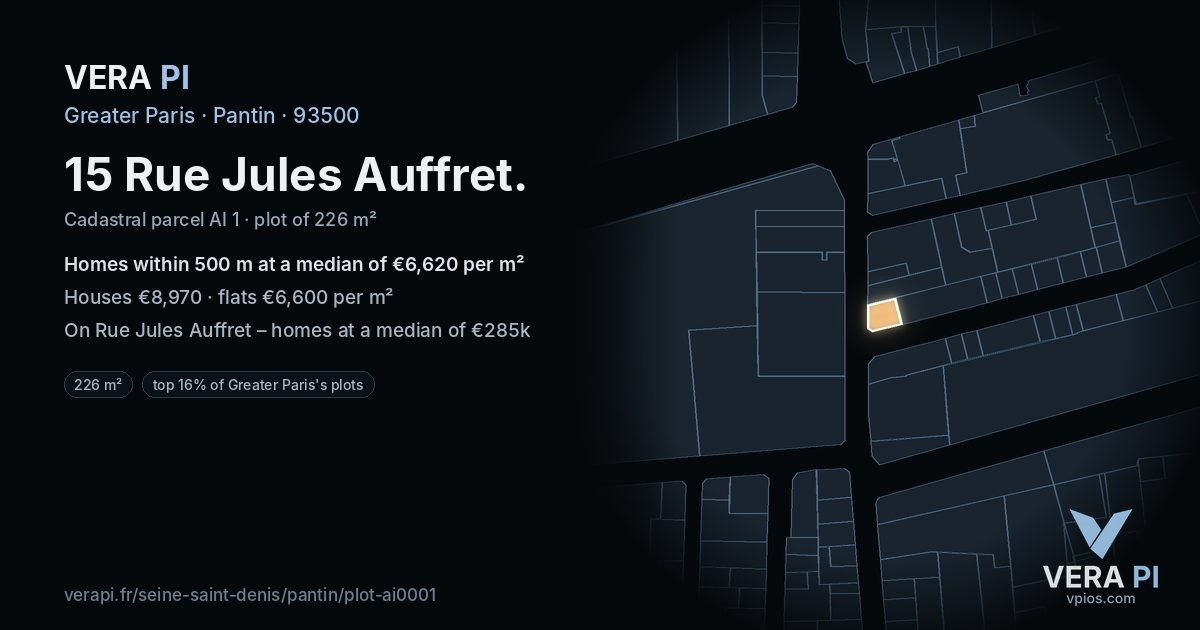 15 Rue Jules Auffret, Pantin at night – the plot lit, the parcels around coloured by the prices near them