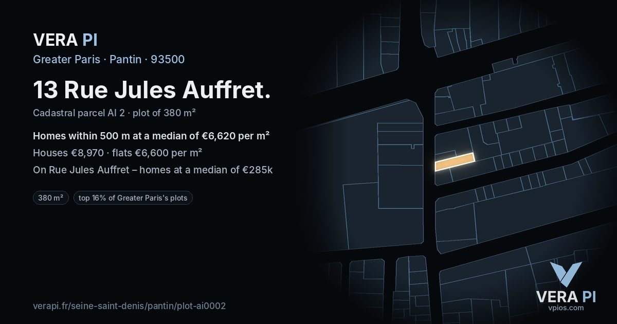 13 Rue Jules Auffret, Pantin at night – the plot lit, the parcels around coloured by the prices near them