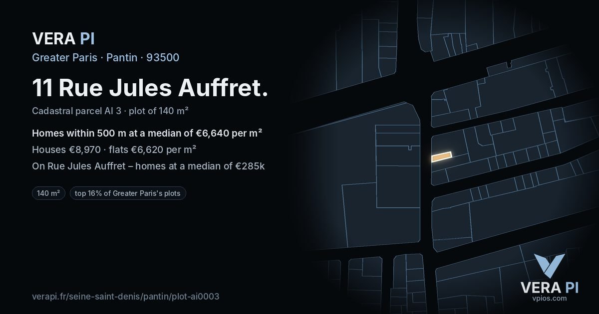 11 Rue Jules Auffret, Pantin at night – the plot lit, the parcels around coloured by the prices near them