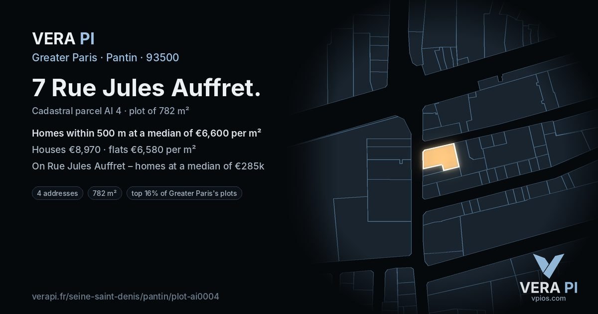 7 Rue Jules Auffret, Pantin at night – the plot lit, the parcels around coloured by the prices near them