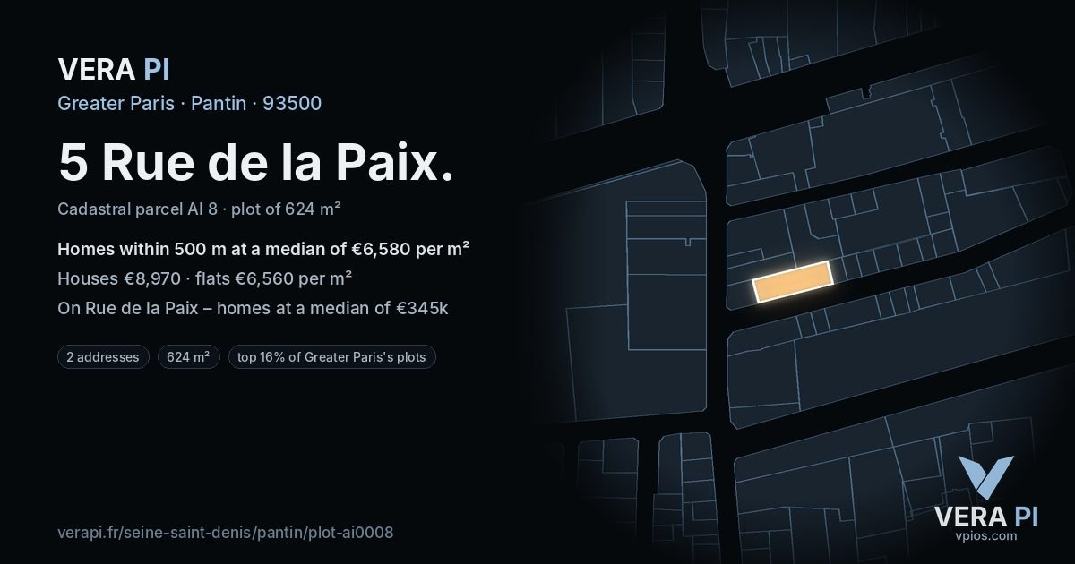 5 Rue de la Paix, Pantin at night – the plot lit, the parcels around coloured by the prices near them