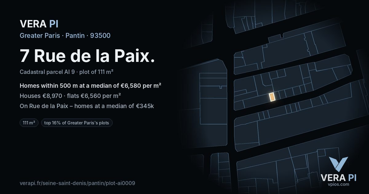 7 Rue de la Paix, Pantin at night – the plot lit, the parcels around coloured by the prices near them