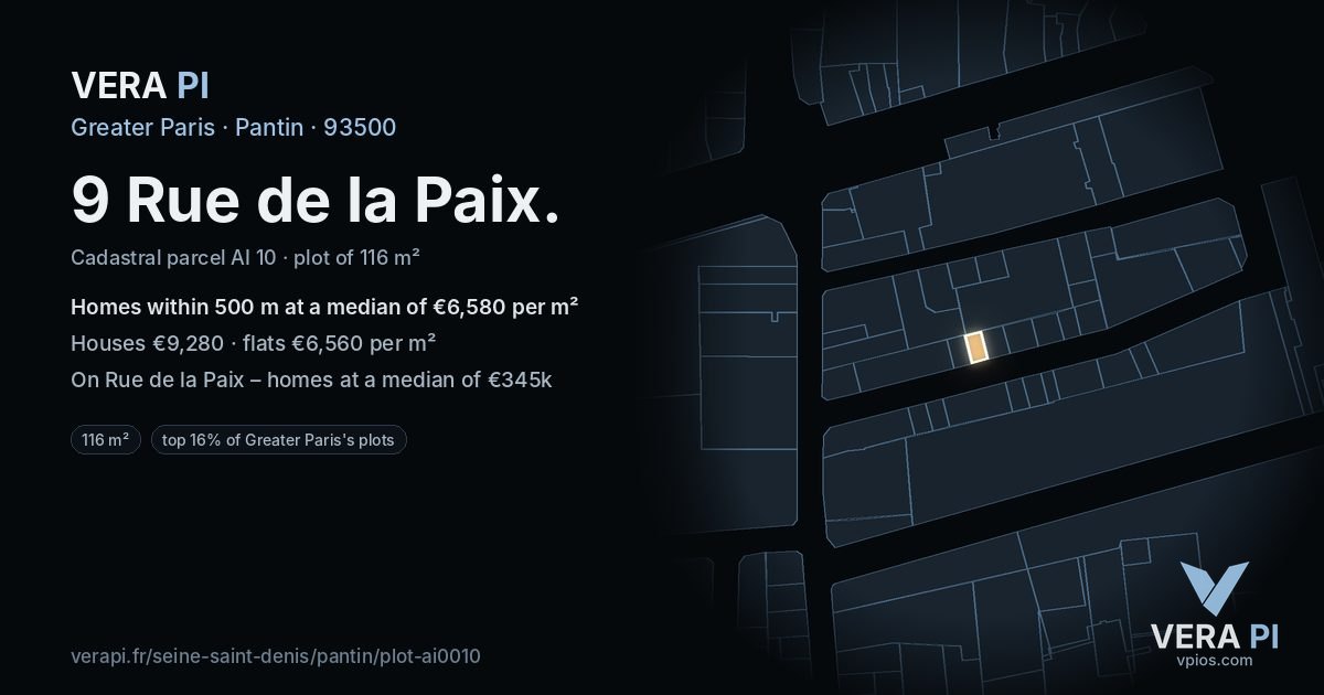 9 Rue de la Paix, Pantin at night – the plot lit, the parcels around coloured by the prices near them
