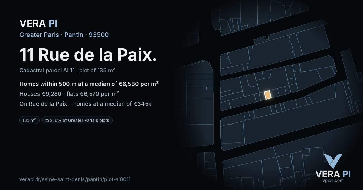11 Rue de la Paix, Pantin at night – the plot lit, the parcels around coloured by the prices near them