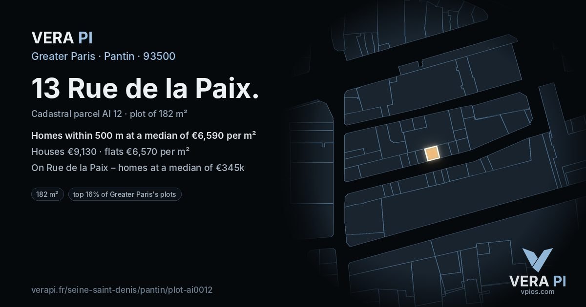 13 Rue de la Paix, Pantin at night – the plot lit, the parcels around coloured by the prices near them