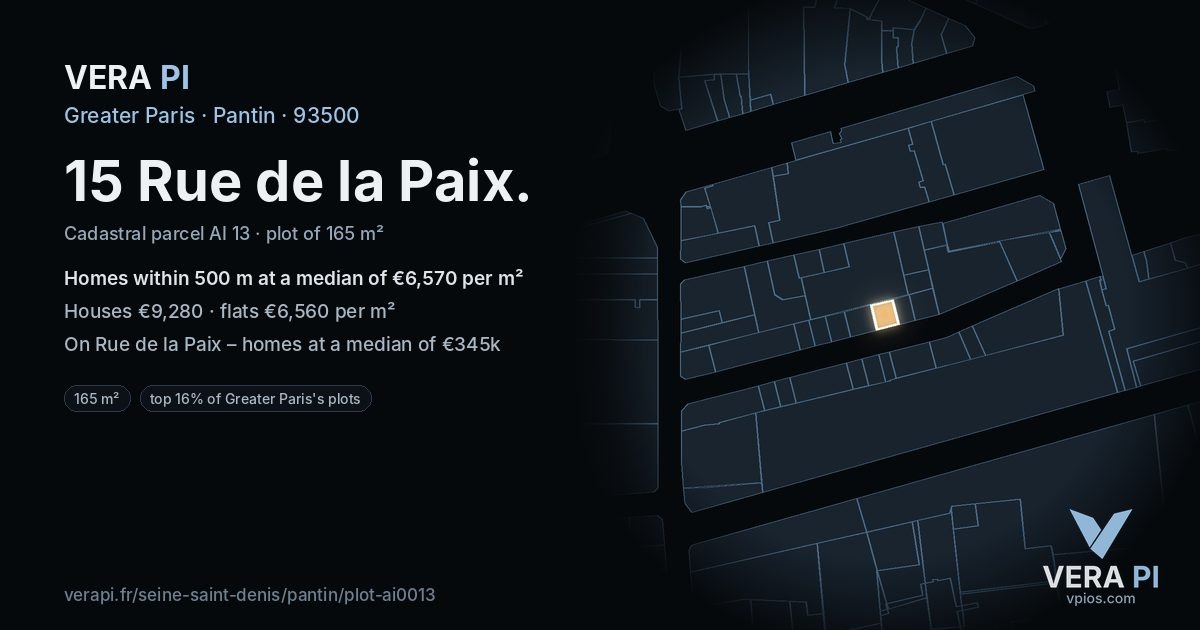 15 Rue de la Paix, Pantin at night – the plot lit, the parcels around coloured by the prices near them
