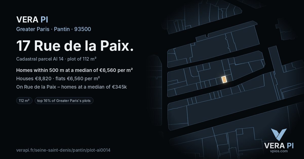 17 Rue de la Paix, Pantin at night – the plot lit, the parcels around coloured by the prices near them