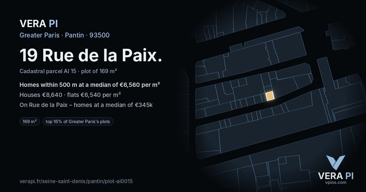 19 Rue de la Paix, Pantin at night – the plot lit, the parcels around coloured by the prices near them