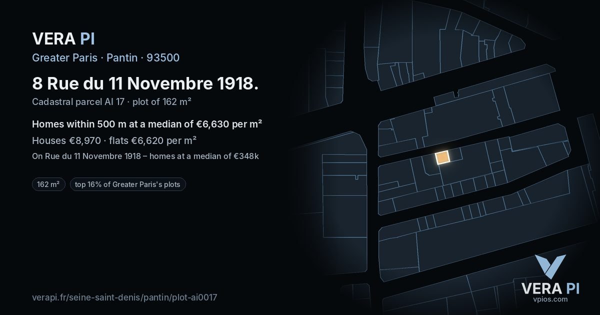 8 Rue du 11 Novembre 1918, Pantin at night – the plot lit, the parcels around coloured by the prices near them
