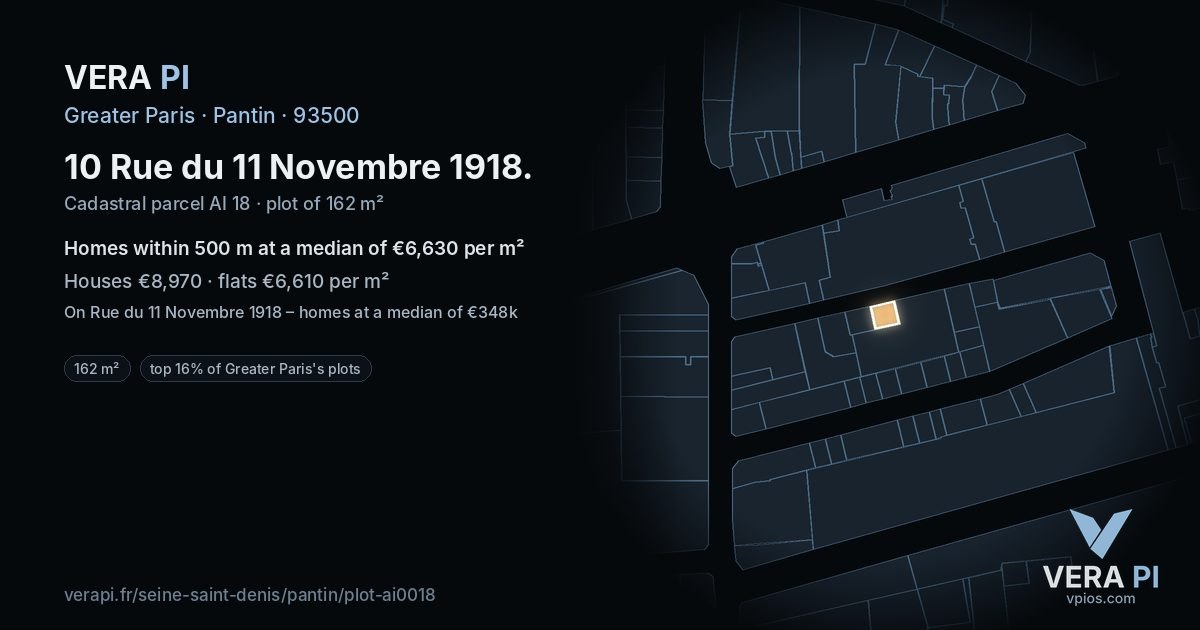 10 Rue du 11 Novembre 1918, Pantin at night – the plot lit, the parcels around coloured by the prices near them