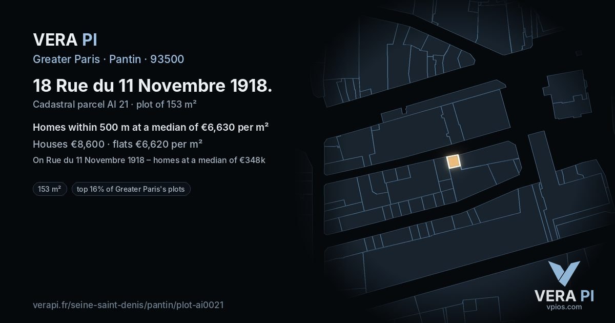 18 Rue du 11 Novembre 1918, Pantin at night – the plot lit, the parcels around coloured by the prices near them