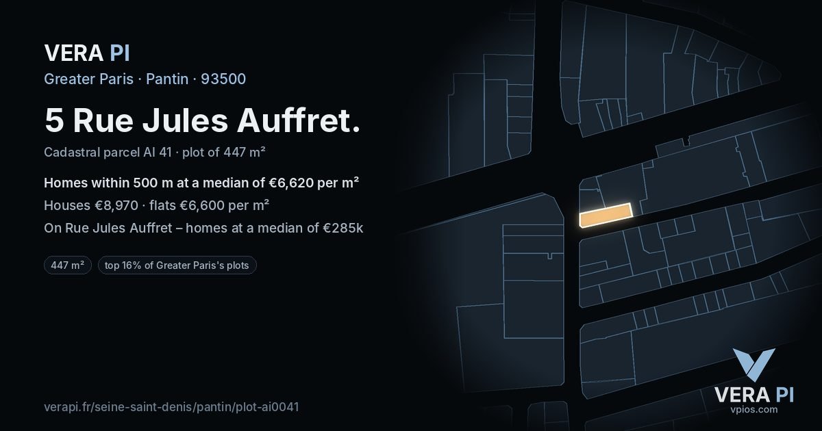 5 Rue Jules Auffret, Pantin at night – the plot lit, the parcels around coloured by the prices near them