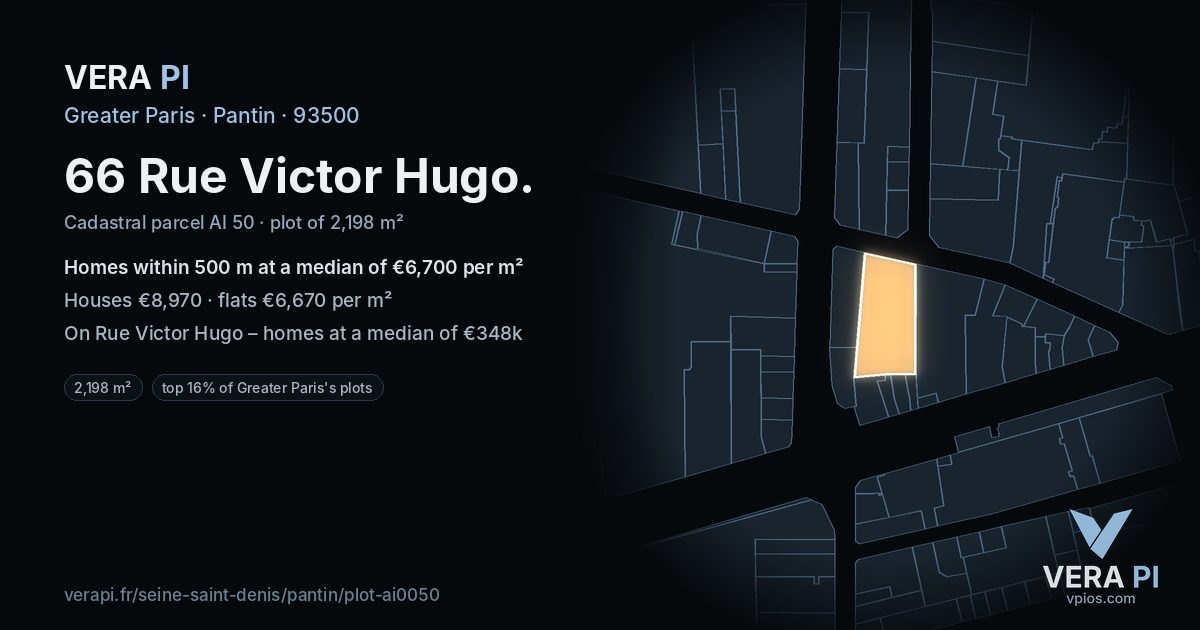 66 Rue Victor Hugo, Pantin at night – the plot lit, the parcels around coloured by the prices near them