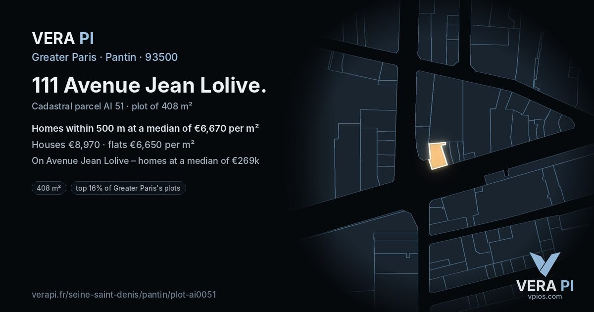 111 Avenue Jean Lolive, Pantin at night – the plot lit, the parcels around coloured by the prices near them