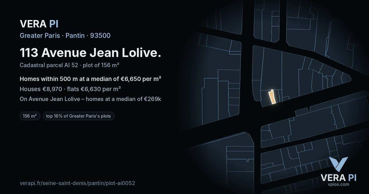 113 Avenue Jean Lolive, Pantin at night – the plot lit, the parcels around coloured by the prices near them