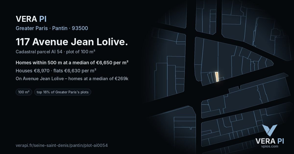117 Avenue Jean Lolive, Pantin at night – the plot lit, the parcels around coloured by the prices near them