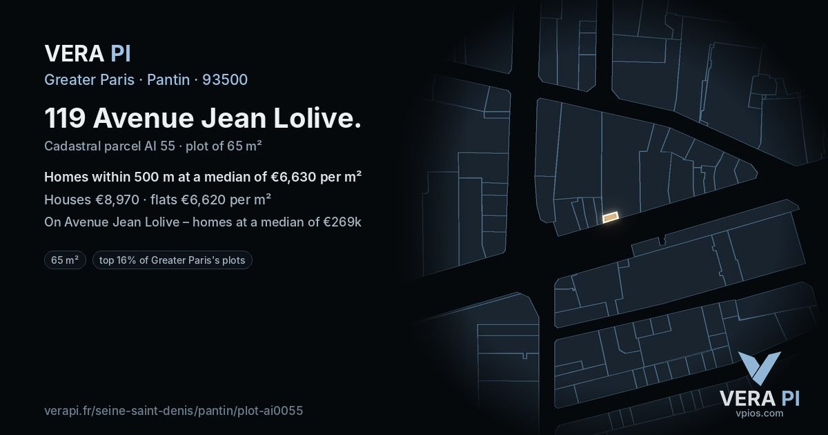 119 Avenue Jean Lolive, Pantin at night – the plot lit, the parcels around coloured by the prices near them