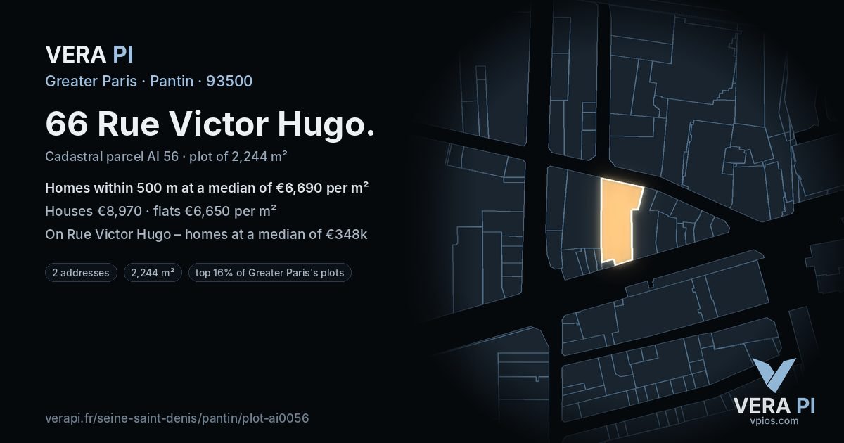 66 Rue Victor Hugo, Pantin at night – the plot lit, the parcels around coloured by the prices near them