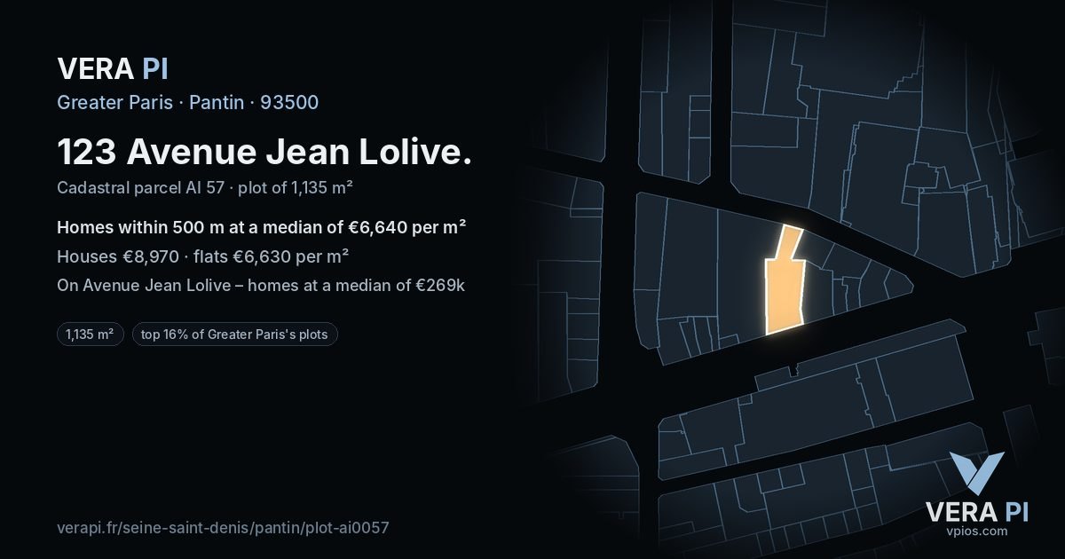 123 Avenue Jean Lolive, Pantin at night – the plot lit, the parcels around coloured by the prices near them