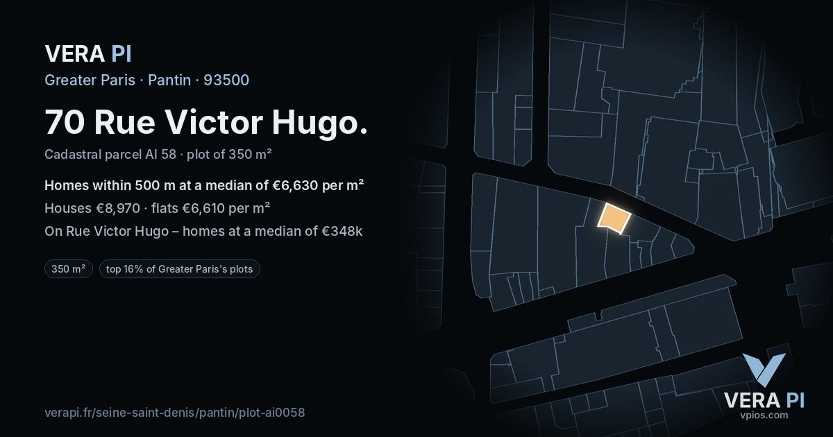 70 Rue Victor Hugo, Pantin at night – the plot lit, the parcels around coloured by the prices near them