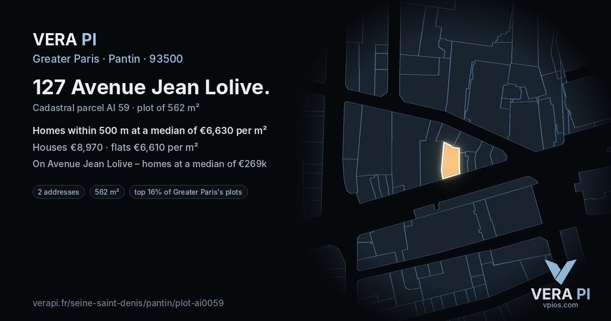 127 Avenue Jean Lolive, Pantin at night – the plot lit, the parcels around coloured by the prices near them