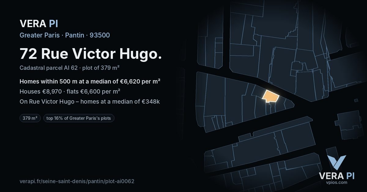 72 Rue Victor Hugo, Pantin at night – the plot lit, the parcels around coloured by the prices near them