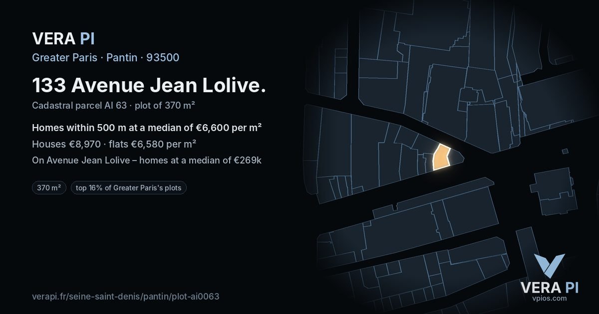 133 Avenue Jean Lolive, Pantin at night – the plot lit, the parcels around coloured by the prices near them