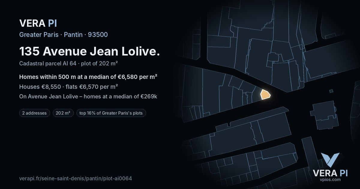 135 Avenue Jean Lolive, Pantin at night – the plot lit, the parcels around coloured by the prices near them