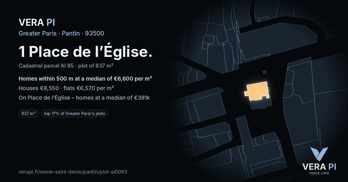 1 Place de l’Église, Pantin at night – the plot lit, the parcels around coloured by the prices near them