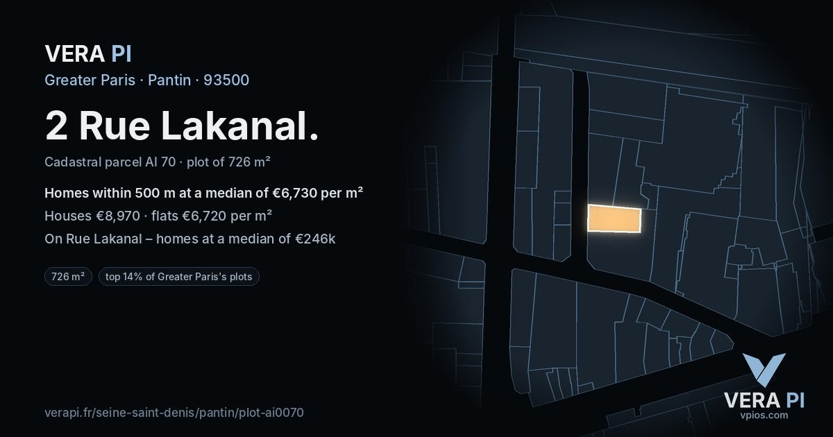 2 Rue Lakanal, Pantin at night – the plot lit, the parcels around coloured by the prices near them